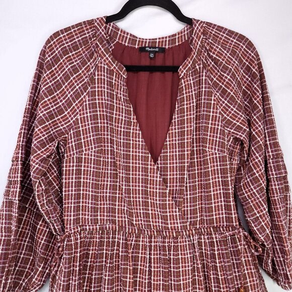 Madewell Seersucker Faux Wrap Mini Dress Size XXS Oversized Red Plaid Tiered - Picture 3 of 12